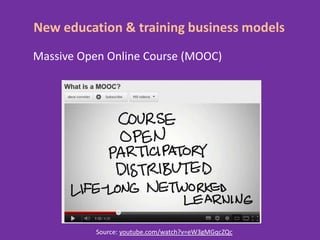 New education & training business models
Massive Open Online Course (MOOC)




           Source: youtube.com/watch?v=eW3gMGqcZQc
 