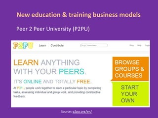 New education & training business models
Peer 2 Peer University (P2PU)




                 Source: p2pu.org/en/
 