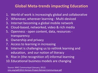 Global Meta-trends impacting Education
1.  World of work is increasingly global and collaborative
2.  Whenever, wherever learning - Multi-deviced
3.  Internet becoming a global mobile network
4.  Cloud-based, networked, video & rich media
5.  Openness - open content, data, resources -
    transparency
6. Ownership and privacy
7. Access to learning in increasing
8. Internet is challenging us to rethink learning and
    education, and our notion of literacy
9. Rise in (the recognition of) informal learning
10. Educational business models are changing
 Source: NMC Communiqué (January, 2012)
 nmc.org/pdf/2012-Horizon-Project-Retreat-Communique.pdf
 