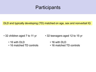 Participants
• 32 children aged 7 to 11 yr
• 16 with DLD
• 16 matched TD controls
• 32 teenagers aged 12 to 15 yr
• 16 with DLD
• 16 matched TD controls
DLD and typically developing (TD) matched on age, sex and nonverbal IQ
 