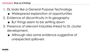 Conclusions. Wrap up of findings
1. DL looks like a General Purpose Technology
■ Widespread exploration of opportunities
2. Evidence of discontinuity in its geography
■ But things seem to be settling down
3. Presence of relevant industries linked to DL cluster
development.
■ Although also some evidence suggestive of
unexpected spillovers
 