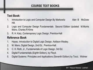 Text Book:
1. Introduction to Logic and Computer Design By Markowitz Alan B McGraw
Hill.
2. Logic and Computer Design Fundamentals Second Edition Updated M.Morris
Mano, Charles R Kime
3. R. H. Katz, Contemporary Logic Design, Prentice-Hall
Reference Book
1. Hayes, Introduction to Digital Logic Design, Addison-Wesley.
2. M. Mano, Digital Design, 2nd Ed., Prentice-Hall.
3. C. H. Roth, Jr., Fundamentals of Logic Design, 3rd Ed.
4. Digital Fundamentals (Eighth Edition), by Floyd.
5. Digital Systems: Principles and Applications (Seventh Edition) by Tocci. Widmer
BY Haque Nawaz Lashari
9
COURSE TEXT BOOKS
 
