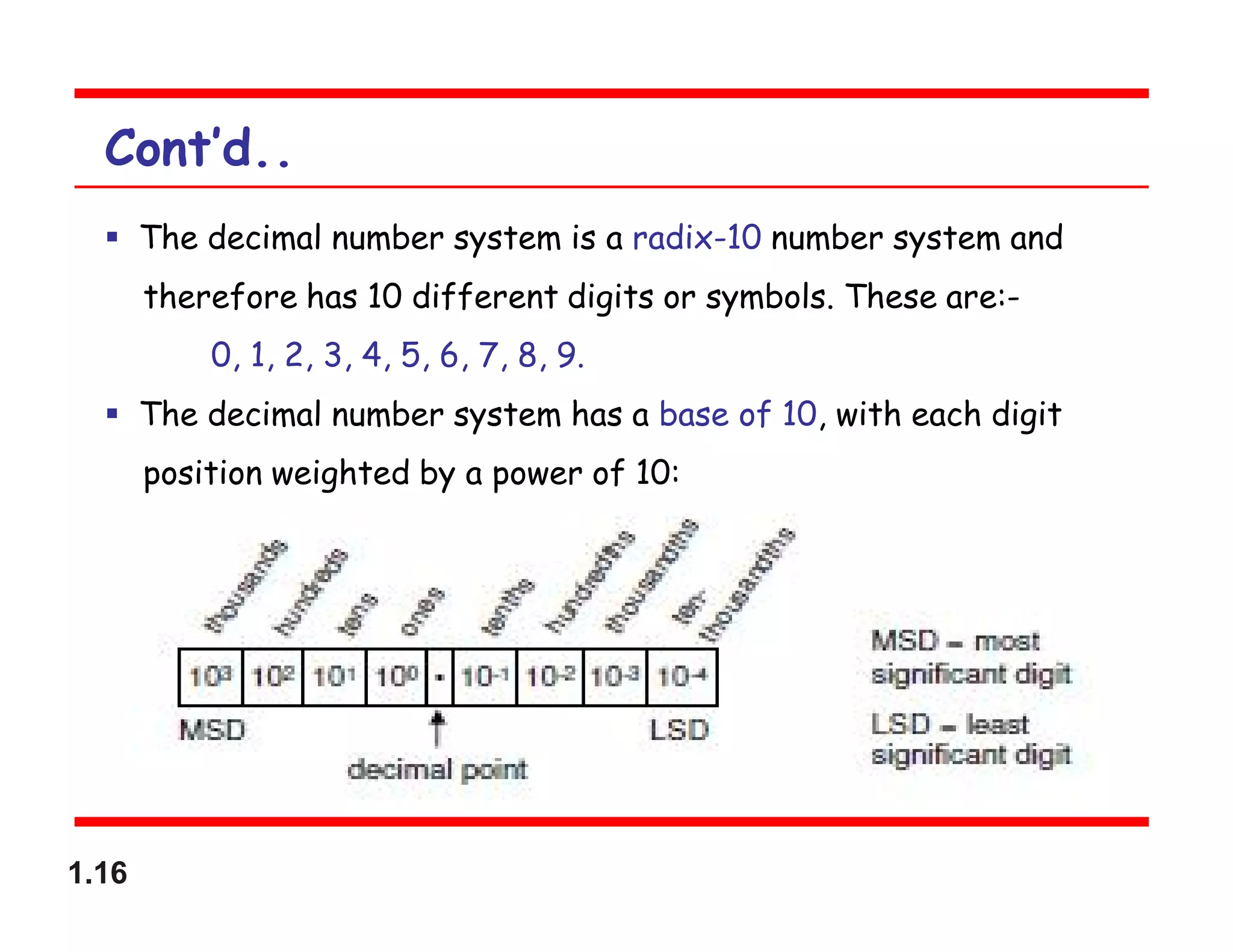 1.16
Cont’d..
 The decimal number system is a radix-10 number system and
therefore has 10 different digits or symbols. These are:-
0, 1, 2, 3, 4, 5, 6, 7, 8, 9.
 The decimal number system has a base of 10, with each digit
position weighted by a power of 10:
 