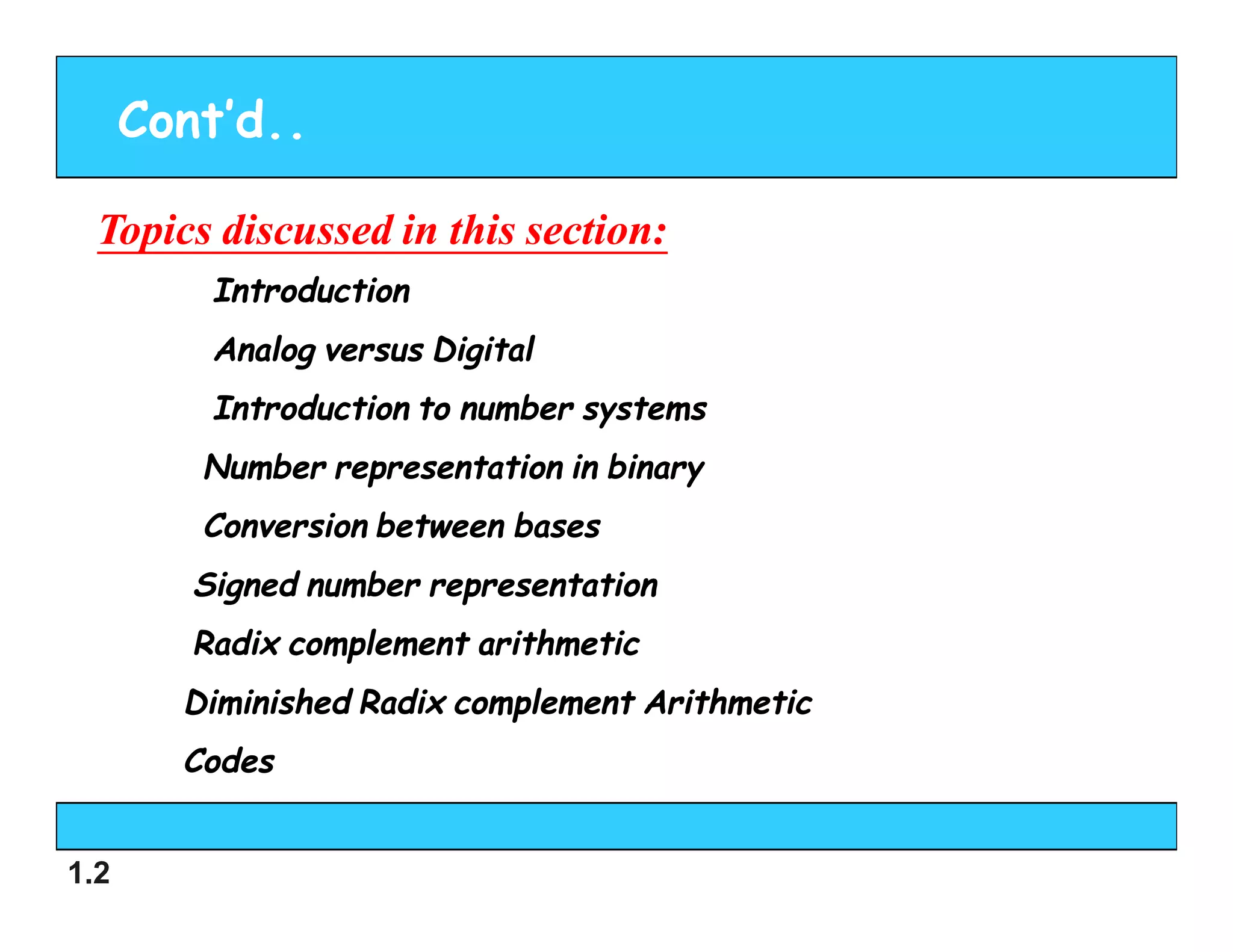 1.2
Topics discussed in this section:
Topics discussed in this section:
Cont’d..
Introduction
Analog versus Digital
Introduction to number systems
Number representation in binary
Conversion between bases
Signed number representation
Radix complement arithmetic
Diminished Radix complement Arithmetic
Codes
 