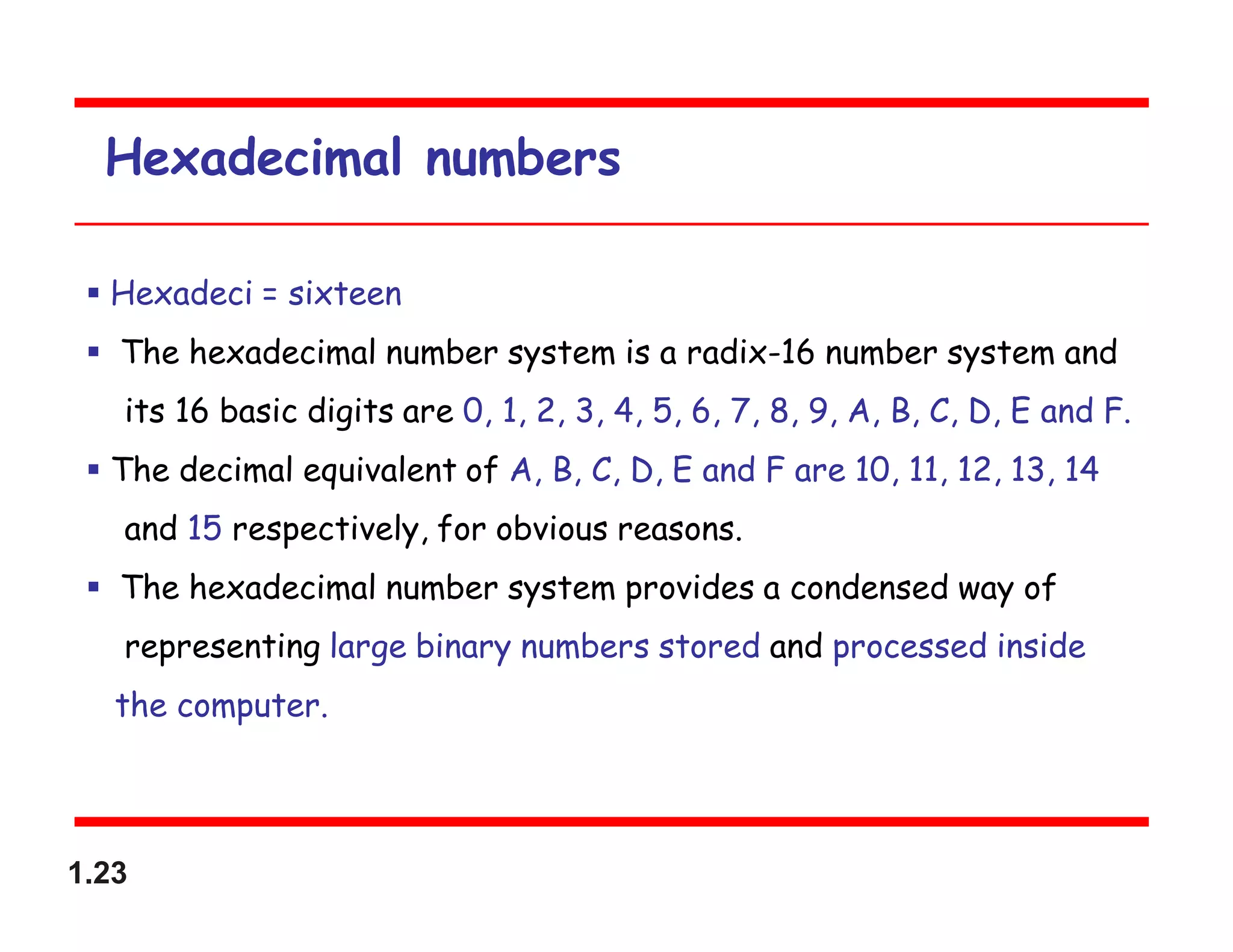 1.23
Hexadecimal numbers
 Hexadeci = sixteen
 The hexadecimal number system is a radix-16 number system and
its 16 basic digits are 0, 1, 2, 3, 4, 5, 6, 7, 8, 9, A, B, C, D, E and F.
 The decimal equivalent of A, B, C, D, E and F are 10, 11, 12, 13, 14
and 15 respectively, for obvious reasons.
 The hexadecimal number system provides a condensed way of
representing large binary numbers stored and processed inside
the computer.
 