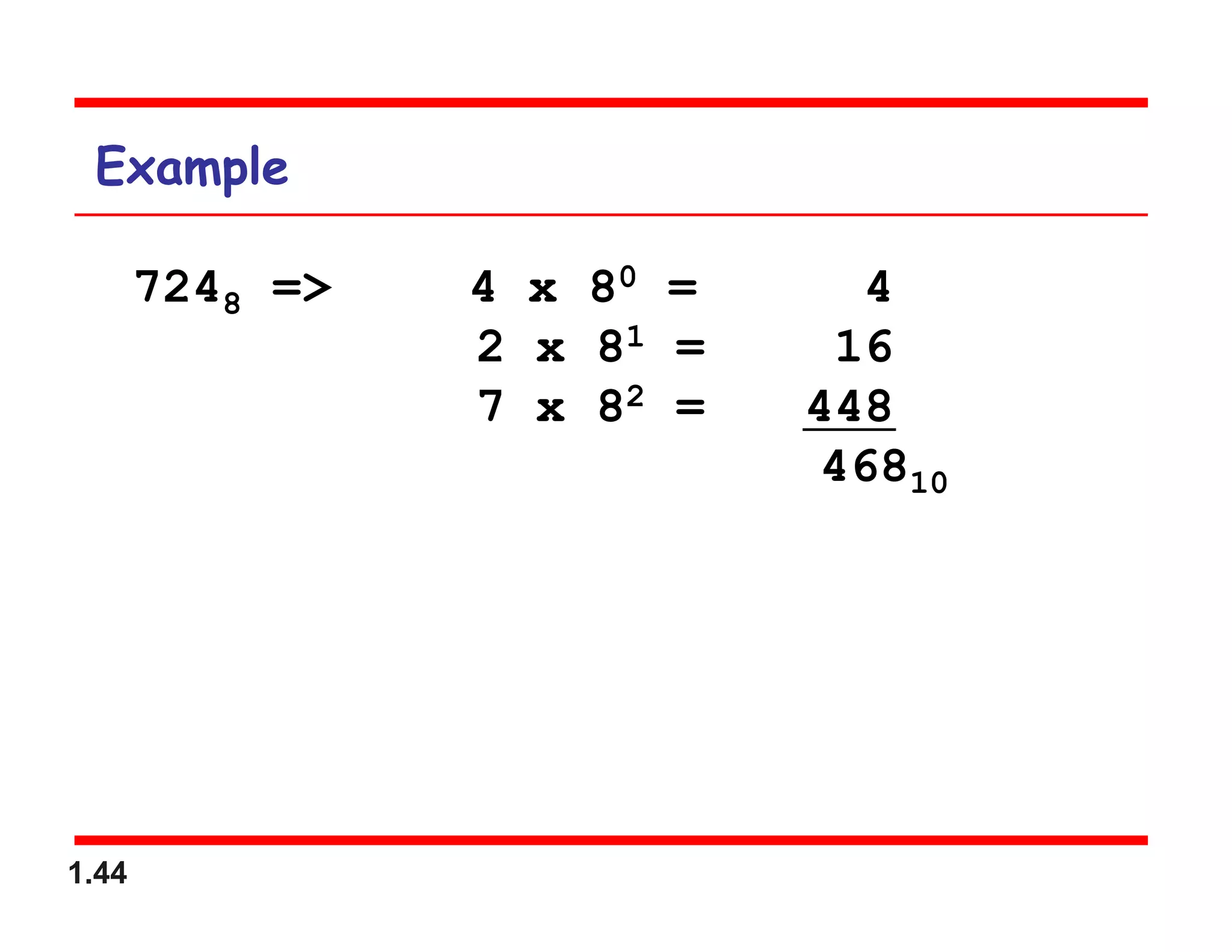 1.44
Example
7248 => 4 x 80 = 4
2 x 81 = 16
7 x 82 = 448
46810
 