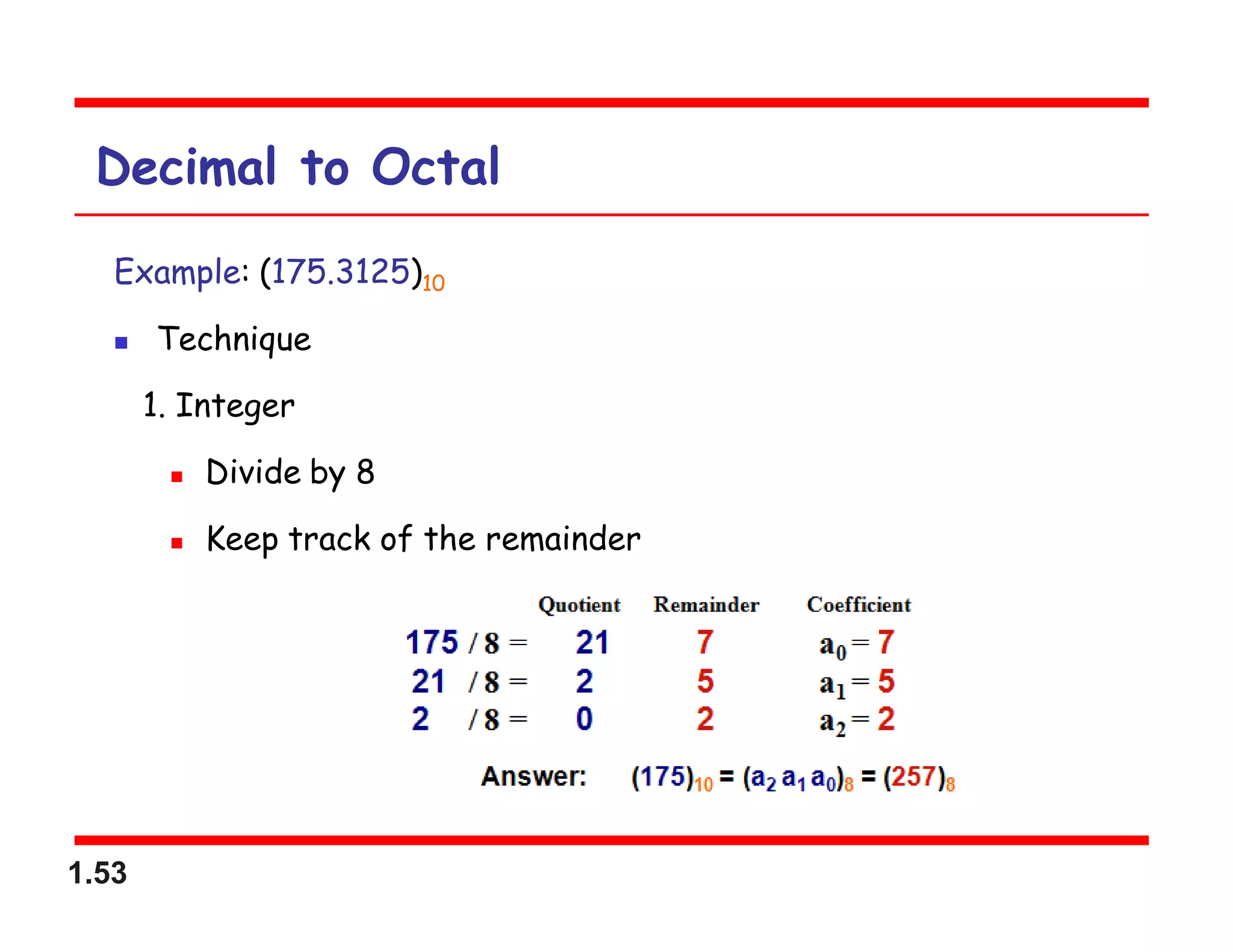 1.53
Decimal to Octal
Example: (175.3125)10
 Technique
1. Integer
 Divide by 8
 Keep track of the remainder
 