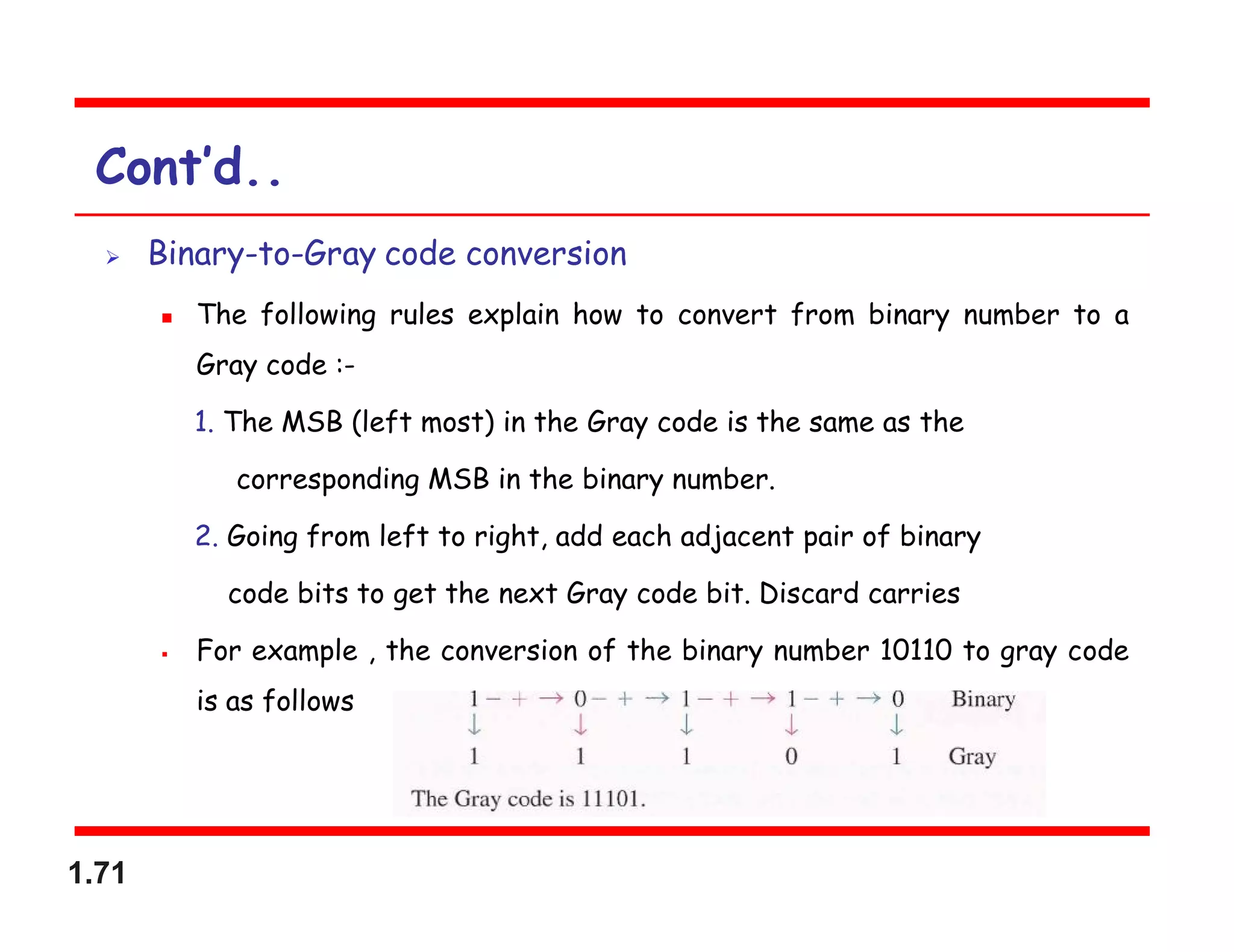 1.71
Cont’d..
 Binary-to-Gray code conversion
 The following rules explain how to convert from binary number to a
Gray code :-
1. The MSB (left most) in the Gray code is the same as the
corresponding MSB in the binary number.
2. Going from left to right, add each adjacent pair of binary
code bits to get the next Gray code bit. Discard carries
 For example , the conversion of the binary number 10110 to gray code
is as follows
 