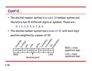 1.16
Cont’d..
 The decimal number system is a radix-10 number system and
therefore has 10 different digits or symbols. These are:-
0, 1, 2, 3, 4, 5, 6, 7, 8, 9.
 The decimal number system has a base of 10, with each digit
position weighted by a power of 10:
 