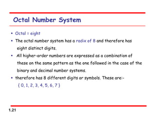 1.21
Octal Number System
 Octal = eight
 The octal number system has a radix of 8 and therefore has
eight distinct digits.
 All higher-order numbers are expressed as a combination of
these on the same pattern as the one followed in the case of the
binary and decimal number systems.
 therefore has 8 different digits or symbols. These are:-
{ 0, 1, 2, 3, 4, 5, 6, 7 }
 