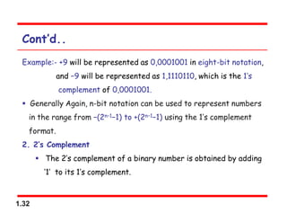 1.32
Cont’d..
Example:- +9 will be represented as 0,0001001 in eight-bit notation,
and −9 will be represented as 1,1110110, which is the 1’s
complement of 0,0001001.
 Generally Again, n-bit notation can be used to represent numbers
in the range from −(2n−1−1) to +(2n−1−1) using the 1’s complement
format.
2. 2’s Complement
 The 2’s complement of a binary number is obtained by adding
‘1’ to its 1’s complement.
 