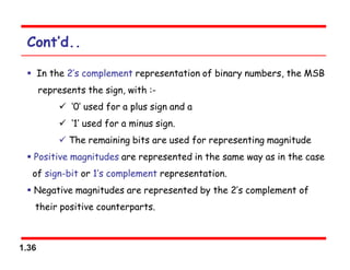 1.36
Cont’d..
 In the 2’s complement representation of binary numbers, the MSB
represents the sign, with :-
 ‘0’ used for a plus sign and a
 ‘1’ used for a minus sign.
 The remaining bits are used for representing magnitude
 Positive magnitudes are represented in the same way as in the case
of sign-bit or 1’s complement representation.
 Negative magnitudes are represented by the 2’s complement of
their positive counterparts.
 