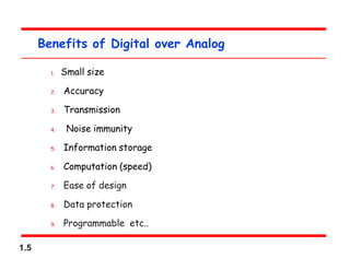 1.5
Benefits of Digital over Analog
1. Small size
2. Accuracy
3. Transmission
4. Noise immunity
5. Information storage
6. Computation (speed)
7. Ease of design
8. Data protection
9. Programmable etc..
 