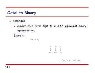 1.51
Octal to Binary
 Technique
 Convert each octal digit to a 3-bit equivalent binary
representation.
Example:-
 