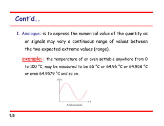 1.9
Cont’d..
1. Analogue:-is to express the numerical value of the quantity as
or signals may vary a continuous range of values between
the two expected extreme values (range).
example:- the temperature of an oven settable anywhere from 0
to 100 °C, may be measured to be 65 °C or 64.96 °C or 64.958 °C
or even 64.9579 °C and so on.
 