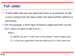 4.10
Full-adder
 A half-adder has only two inputs and there is no provision to add
a carry coming from the lower order bits when multibit addition is
performed.
 For this purpose, a third input terminal is added and this circuits
(full -adder) is used to add An,Bn,Cn-1.
where
An and Bn are the nth order bits of the number A and B respectively.
Cn-1 is the carry generated from the addition of (n-1) the order bits
 