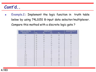 4.103
Cont’d..
 Example.2.: Implement the logic function in truth table
below by using 74LS151 8-input data selector/multiplexer.
Compare this method with a discrete logic gate ?
 