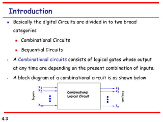 4.3
Introduction
 Basically the digital Circuits are divided in to two broad
categories
 Combinational Circuits
 Sequential Circuits
 A Combinational circuits consists of logical gates whose output
at any time are depending on the present combination of inputs.
 A block diagram of a combinational circuit is as shown below
 