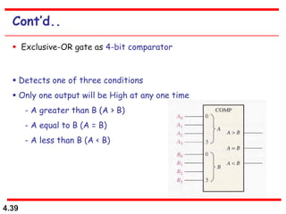 4.39
Cont’d..
 Exclusive-OR gate as 4-bit comparator
 Detects one of three conditions
 Only one output will be High at any one time
- A greater than B (A > B)
- A equal to B (A = B)
- A less than B (A < B)
 