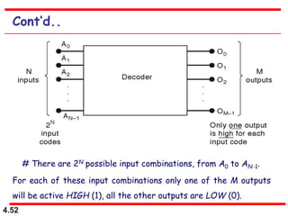 4.52
Cont’d..
# There are 2N possible input combinations, from A0 to AN1.
For each of these input combinations only one of the M outputs
will be active HIGH (1), all the other outputs are LOW (0).
 