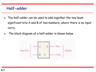 4.7
Half-adder
 The half-adder can be used to add together the two least
significant bits A and B of two numbers, where there is no input
carry.
 The block diagram of a half-adder is shown below
 