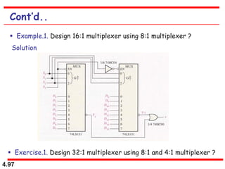 4.97
Cont’d..
 Example.1. Design 16:1 multiplexer using 8:1 multiplexer ?
Solution
 Exercise.1. Design 32:1 multiplexer using 8:1 and 4:1 multiplexer ?
 