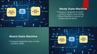 Moore State Machine
Mealy State Machine
Outputs depend on both
current inputs and states.
More flexible in terms of
output generation.
Outputs depend only on the
current state.
 