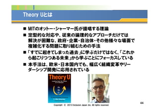 Company Logo
Theory Uとは
n  MITのオットー・シャーマー氏が提唱する理論
n  定型的な対応や、従来の論理的なアプローチだけでは
解決が困難な、政府・企業・自治体・その他様々な場面で
複雑化する問題に取り組むための手法
n  「すでに起きてしまった過去」に学ぶだけではなく、「これか
ら起こりつつある未来」から学ぶことにフォーカスしている
n  本手法は、欧米・日本国内でも、幅広く組織変革やリー
ダーシップ開発に応用されている
44
Copyright © 2013 Inclusion Japan ,Inc. All rights reserved.
 