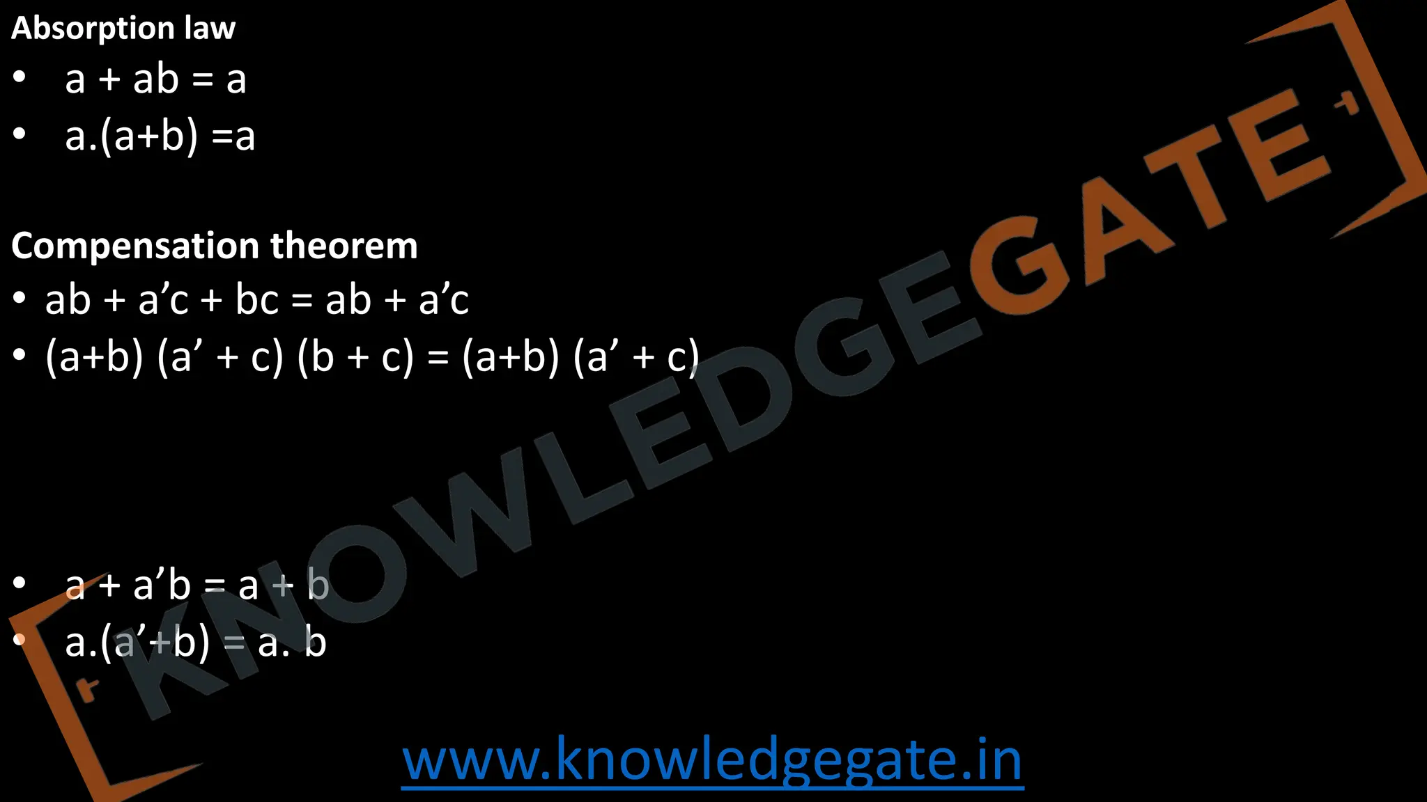 www.knowledgegate.in
Absorption law
• a + ab = a
• a.(a+b) =a
Compensation theorem
• ab + a’c + bc = ab + a’c
• (a+b) (a’ + c) (b + c) = (a+b) (a’ + c)
• a + a’b = a + b
• a.(a’+b) = a. b
 