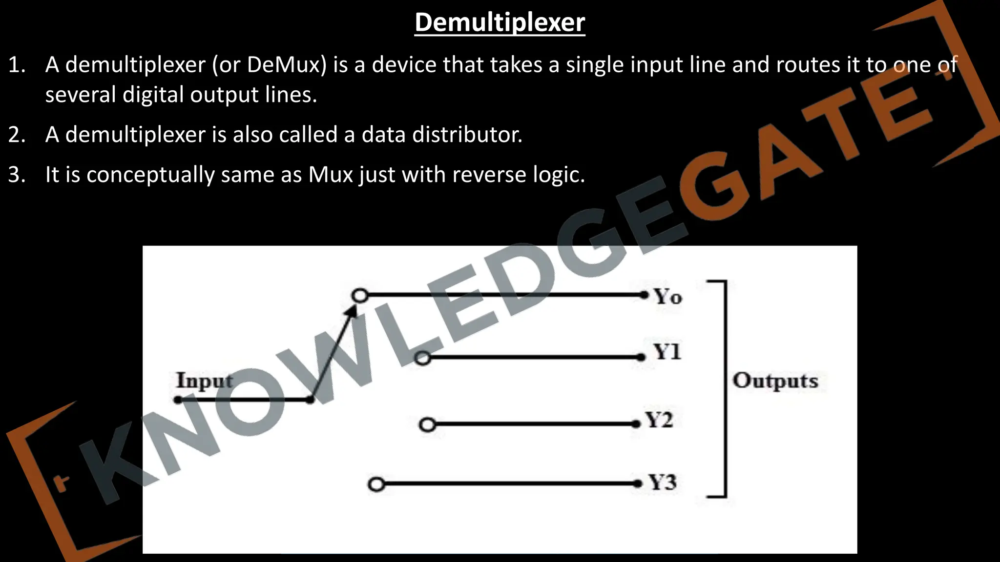 www.knowledgegate.in
Demultiplexer
1. A demultiplexer (or DeMux) is a device that takes a single input line and routes it to one of
several digital output lines.
2. A demultiplexer is also called a data distributor.
3. It is conceptually same as Mux just with reverse logic.
 