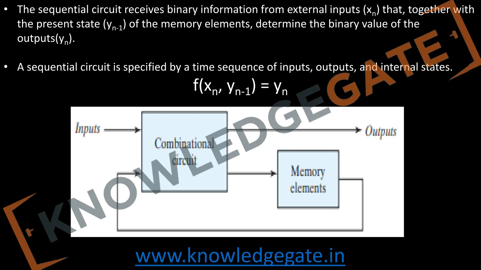 www.knowledgegate.in
• The sequential circuit receives binary information from external inputs (xn) that, together with
the present state (yn-1) of the memory elements, determine the binary value of the
outputs(yn).
• A sequential circuit is specified by a time sequence of inputs, outputs, and internal states.
f(xn, yn-1) = yn
 
