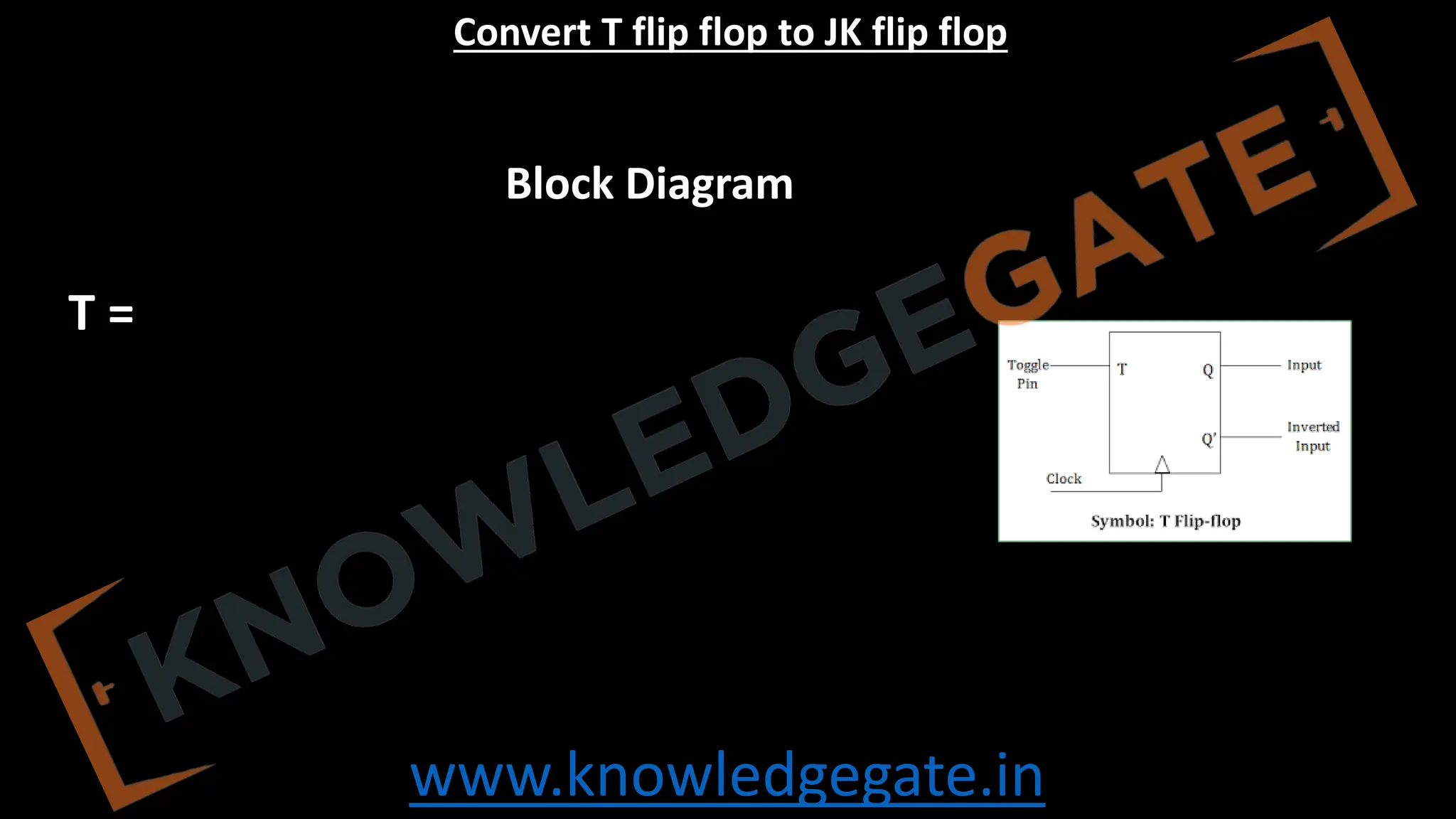 www.knowledgegate.in
Convert T flip flop to JK flip flop
Block Diagram
T =
 