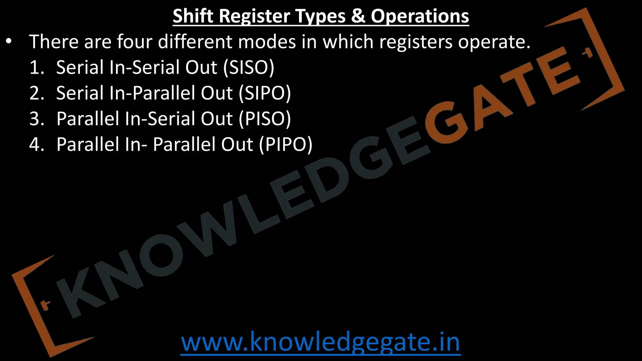 www.knowledgegate.in
Shift Register Types & Operations
• There are four different modes in which registers operate.
1. Serial In-Serial Out (SISO)
2. Serial In-Parallel Out (SIPO)
3. Parallel In-Serial Out (PISO)
4. Parallel In- Parallel Out (PIPO)
 