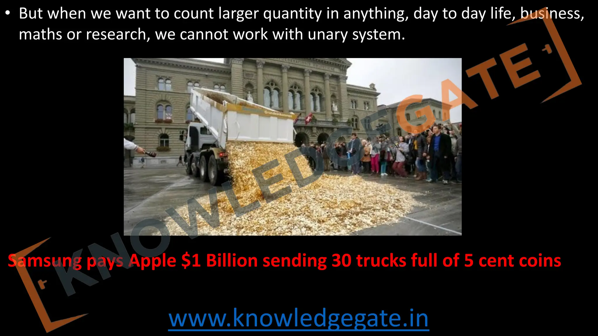 www.knowledgegate.in
• But when we want to count larger quantity in anything, day to day life, business,
maths or research, we cannot work with unary system.
Samsung pays Apple $1 Billion sending 30 trucks full of 5 cent coins
 