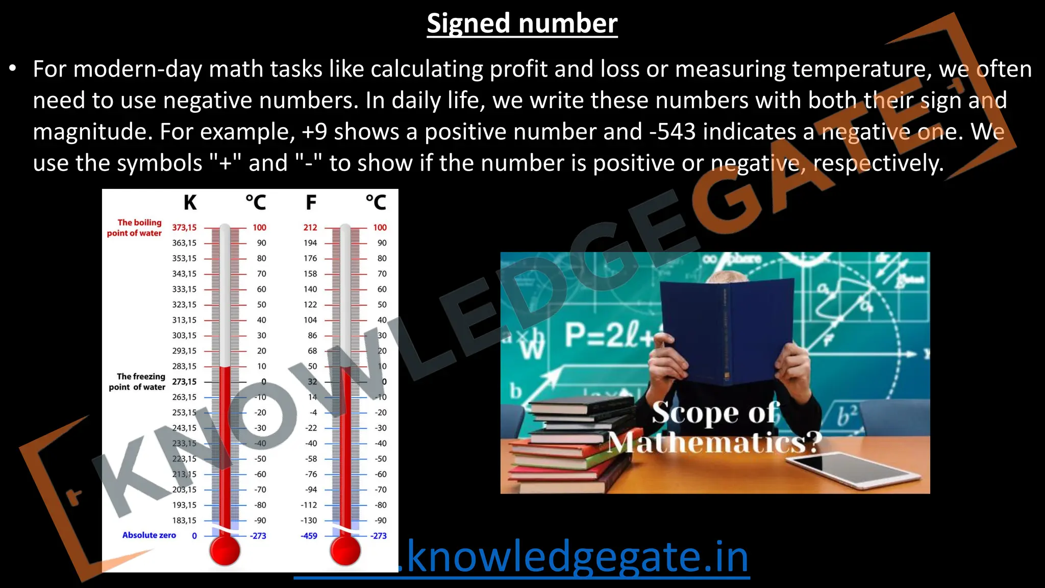 www.knowledgegate.in
Signed number
• For modern-day math tasks like calculating profit and loss or measuring temperature, we often
need to use negative numbers. In daily life, we write these numbers with both their sign and
magnitude. For example, +9 shows a positive number and -543 indicates a negative one. We
use the symbols "+" and "-" to show if the number is positive or negative, respectively.
 
