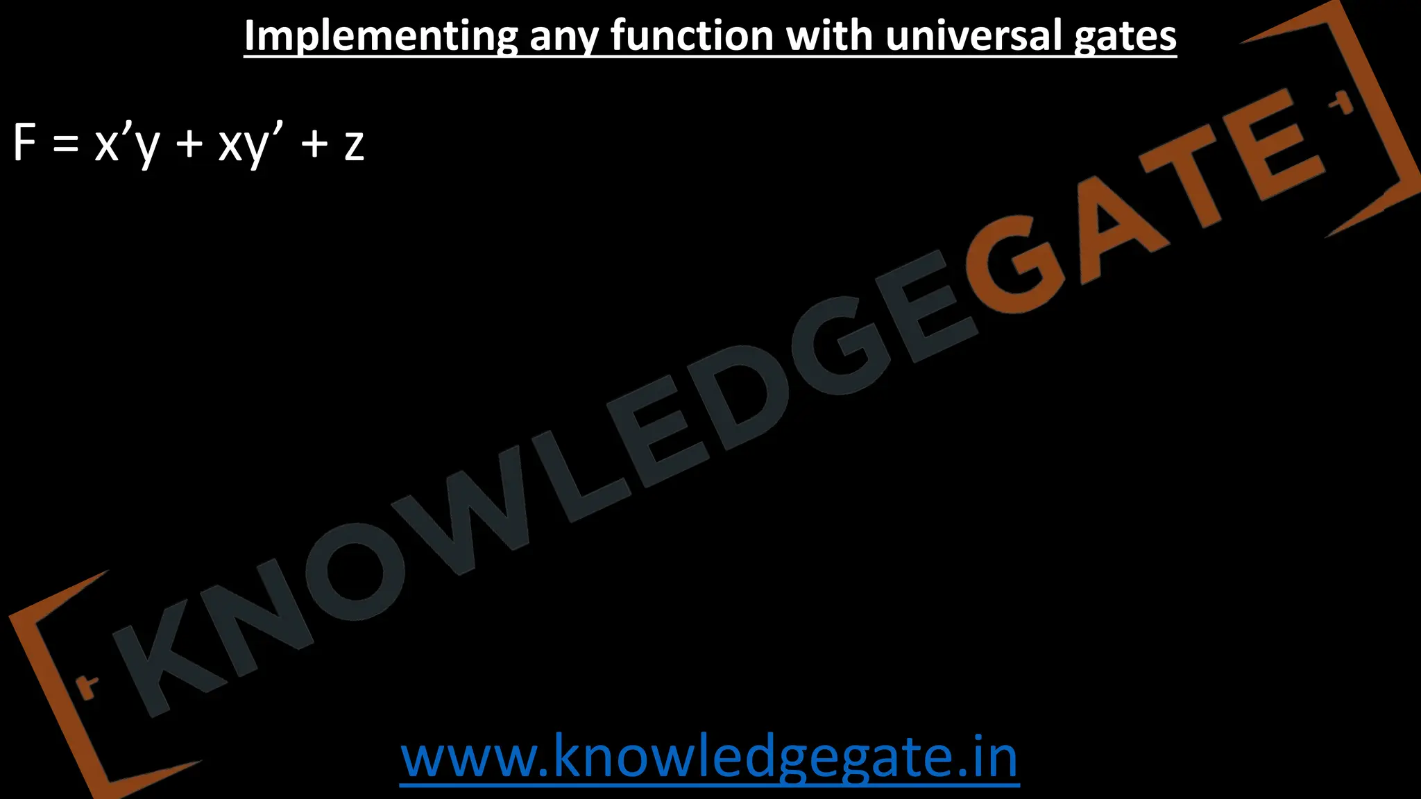 www.knowledgegate.in
Implementing any function with universal gates
F = x’y + xy’ + z
 