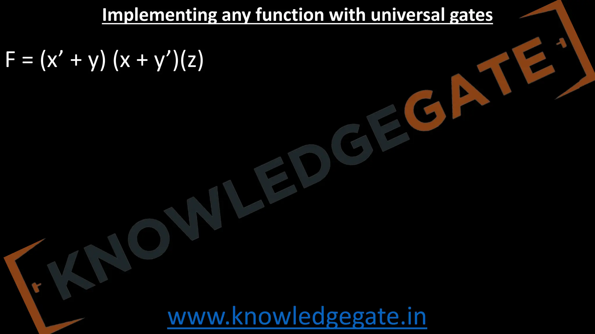 www.knowledgegate.in
Implementing any function with universal gates
F = (x’ + y) (x + y’)(z)
 