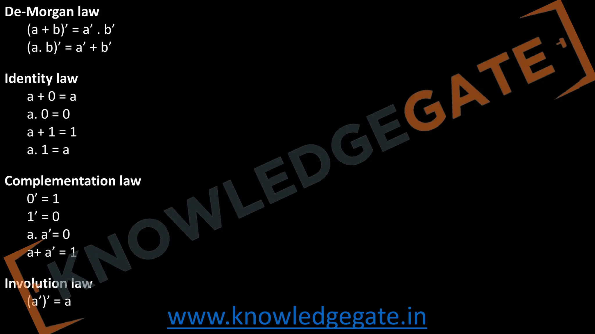 www.knowledgegate.in
De-Morgan law
(a + b)’ = a’ . b’
(a. b)’ = a’ + b’
Identity law
a + 0 = a
a. 0 = 0
a + 1 = 1
a. 1 = a
Complementation law
0’ = 1
1’ = 0
a. a’= 0
a+ a’ = 1
Involution law
(a’)’ = a
 