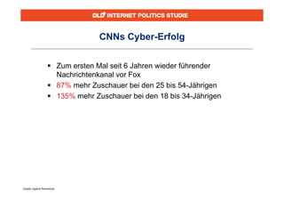 CNNs Cyber-Erfolg


                   Zum ersten Mal seit 6 Jahren wieder führender
                    Nachrichtenkanal vor Fox
                   87% mehr Zuschauer bei den 25 bis 54-Jährigen
                   135% mehr Zuschauer bei den 18 bis 34-Jährigen




Quelle: eigene Recherche
 