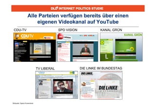 Alle Parteien verfügen bereits über einen
                         eigenen Videokanal auf YouTube
 CDU-TV                                       SPD VISION             KANAL GRÜN




                                 TV LIBERAL                DIE LINKE IM BUNDESTAG




Bildquelle: Eigene Screenshots
 