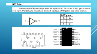 NOT Gate:
The output of NOT gate is High, when the input is Low. The output of NOT gate is inverse
of its input. The NOT gate always have 1 input & 1 output. A NOT gate is also called Inverter.
 