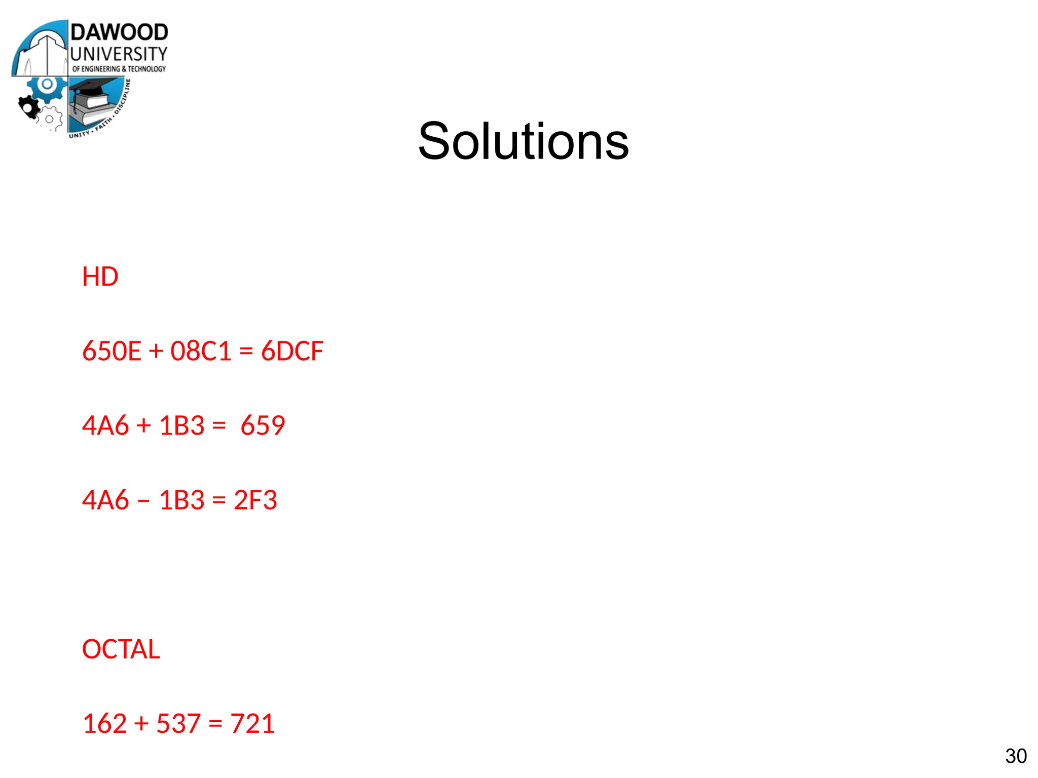 Solutions
HD
650E + 08C1 = 6DCF
4A6 + 1B3 = 659
4A6 – 1B3 = 2F3
OCTAL
162 + 537 = 721
30
 