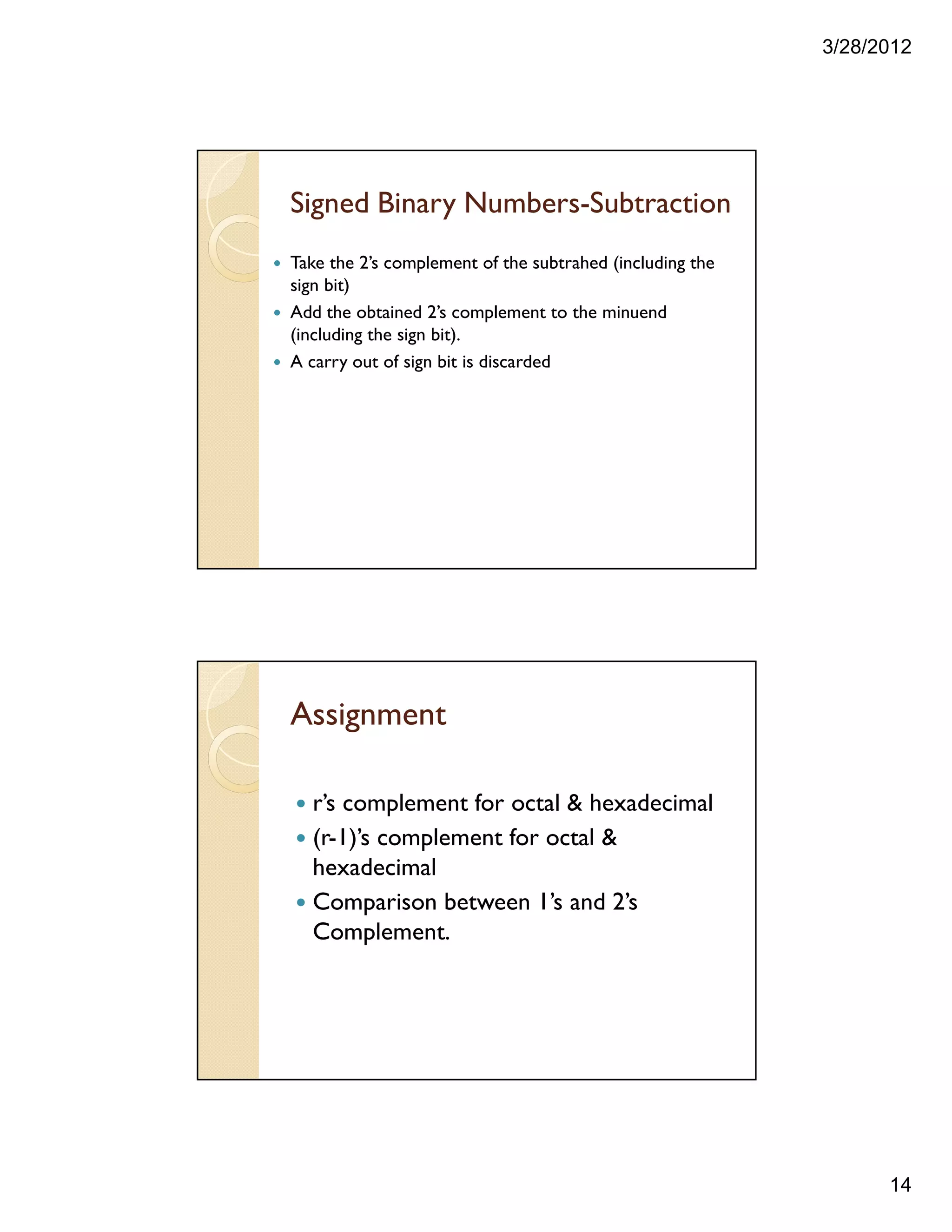 3/28/2012
14
Signed Binary Numbers-Subtraction
Take the 2’s complement of the subtrahed (including the
sign bit)
Add the obtained 2’s complement to the minuend
(including the sign bit).
A carry out of sign bit is discarded
Assignment
r’s complement for octal & hexadecimal
(r-1)’s complement for octal &
hexadecimal
Comparison between 1’s and 2’s
Complement.
 