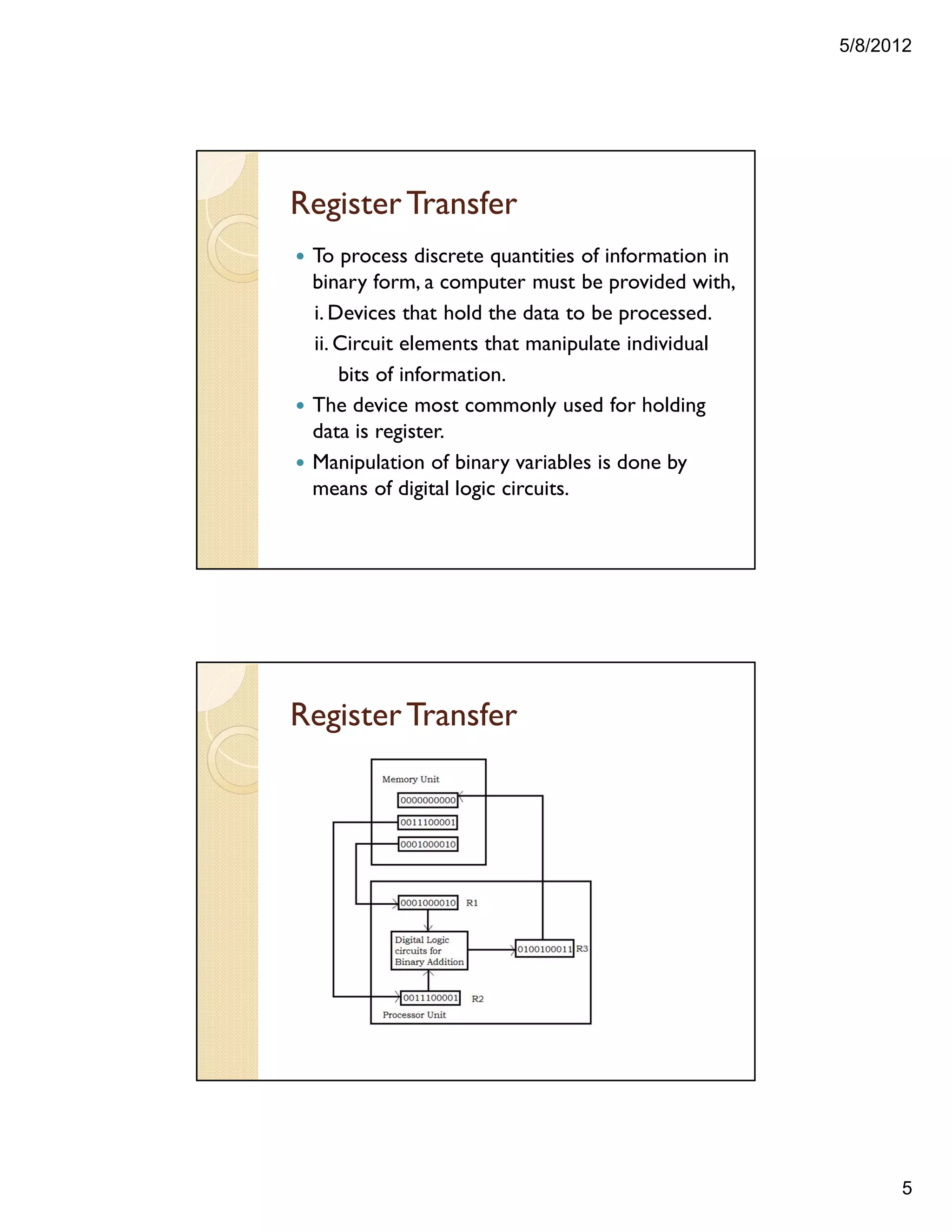 5/8/2012
5
RegisterTransfer
— To process discrete quantities of information in
binary form, a computer must be provided with,
i. Devices that hold the data to be processed.
ii. Circuit elements that manipulate individual
bits of information.
— The device most commonly used for holding
data is register.
— Manipulation of binary variables is done by
means of digital logic circuits.
RegisterTransfer
 