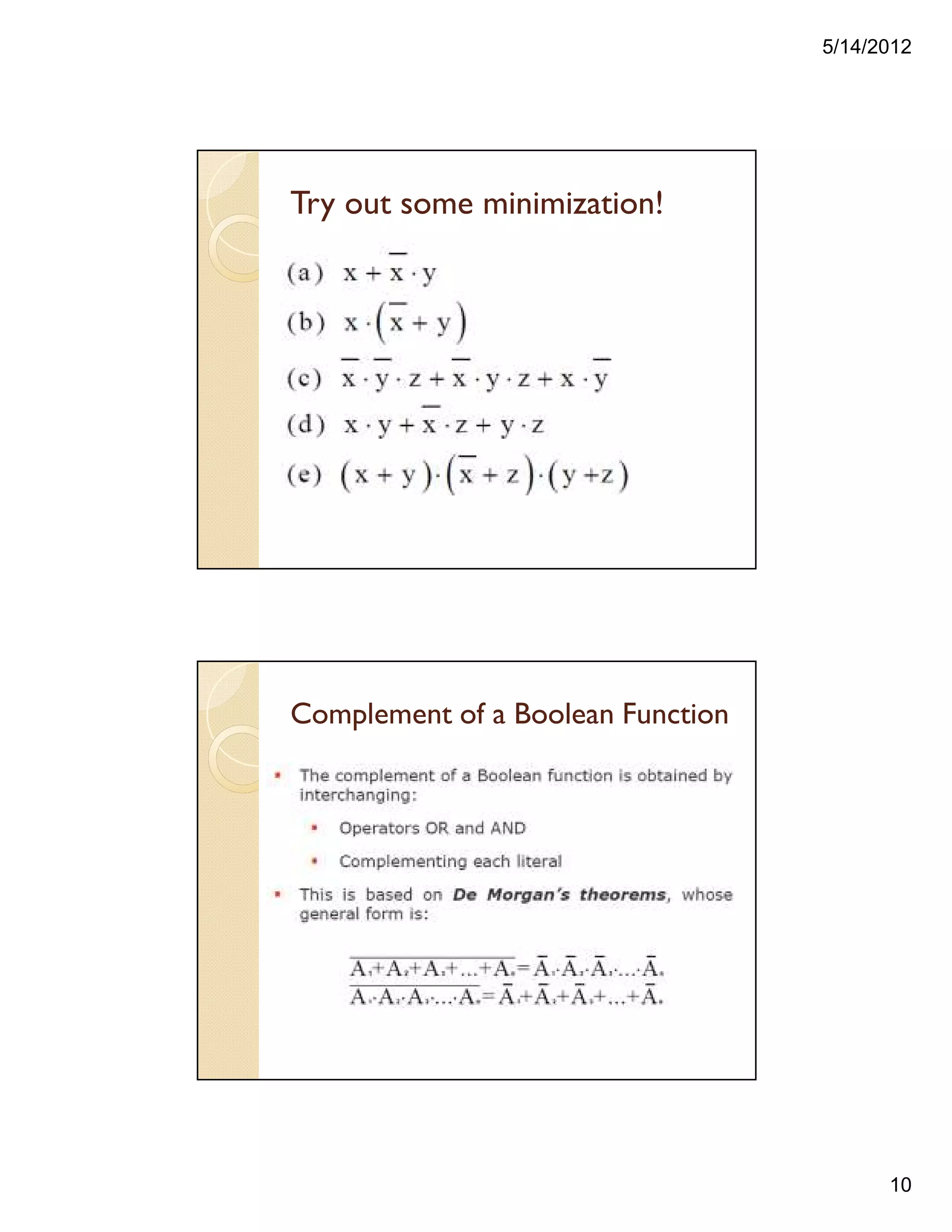 5/14/2012
10
Try out some minimization!
Complement of a Boolean Function