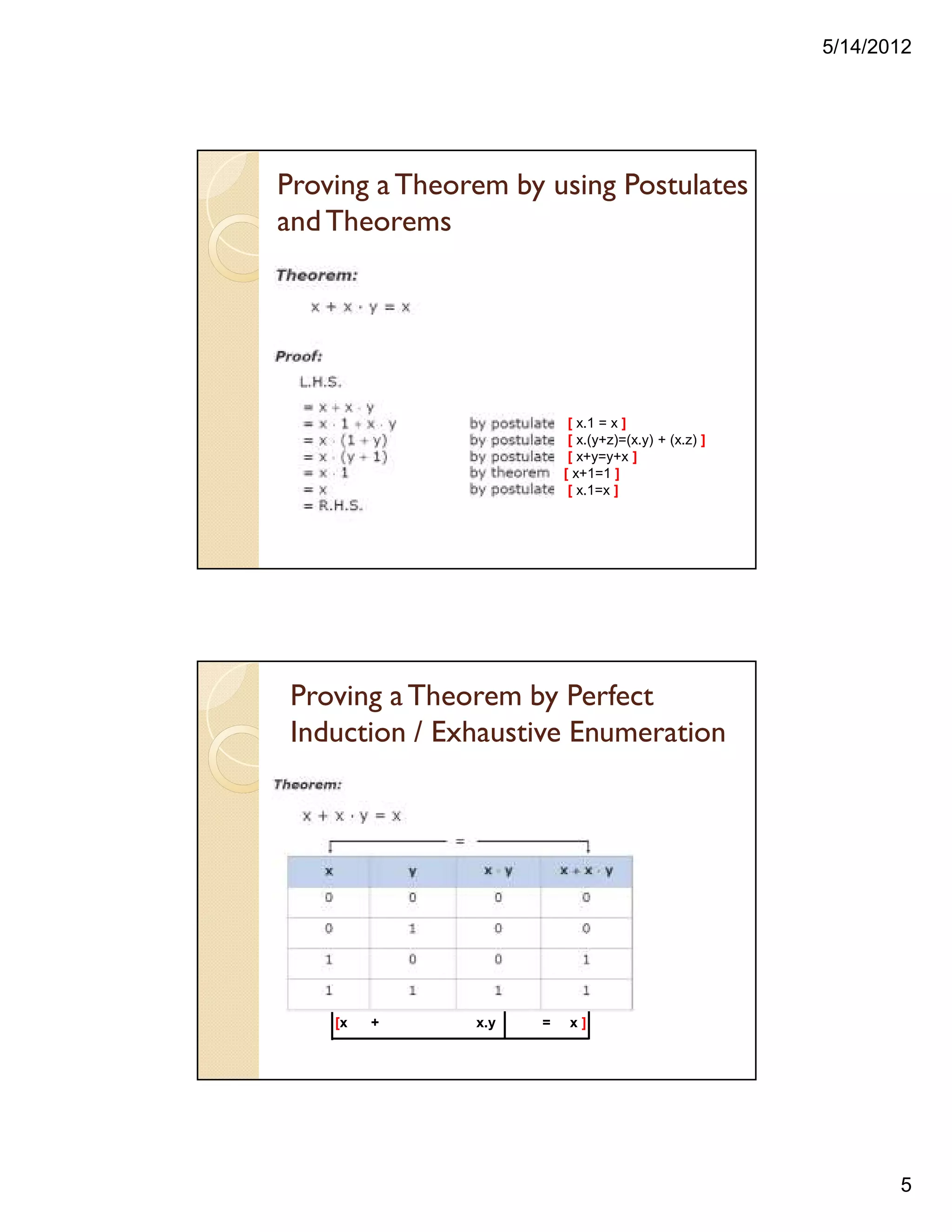 5/14/2012
5
Proving a Theorem by using Postulates
andTheorems
[ x.1 = x ]
[ x.(y+z)=(x.y) + (x.z) ]
[ x+y=y+x ]
[ x+1=1 ]
[ x.1=x ]
Proving a Theorem by Perfect
Induction / Exhaustive Enumeration
[x + x.y = x ]
 