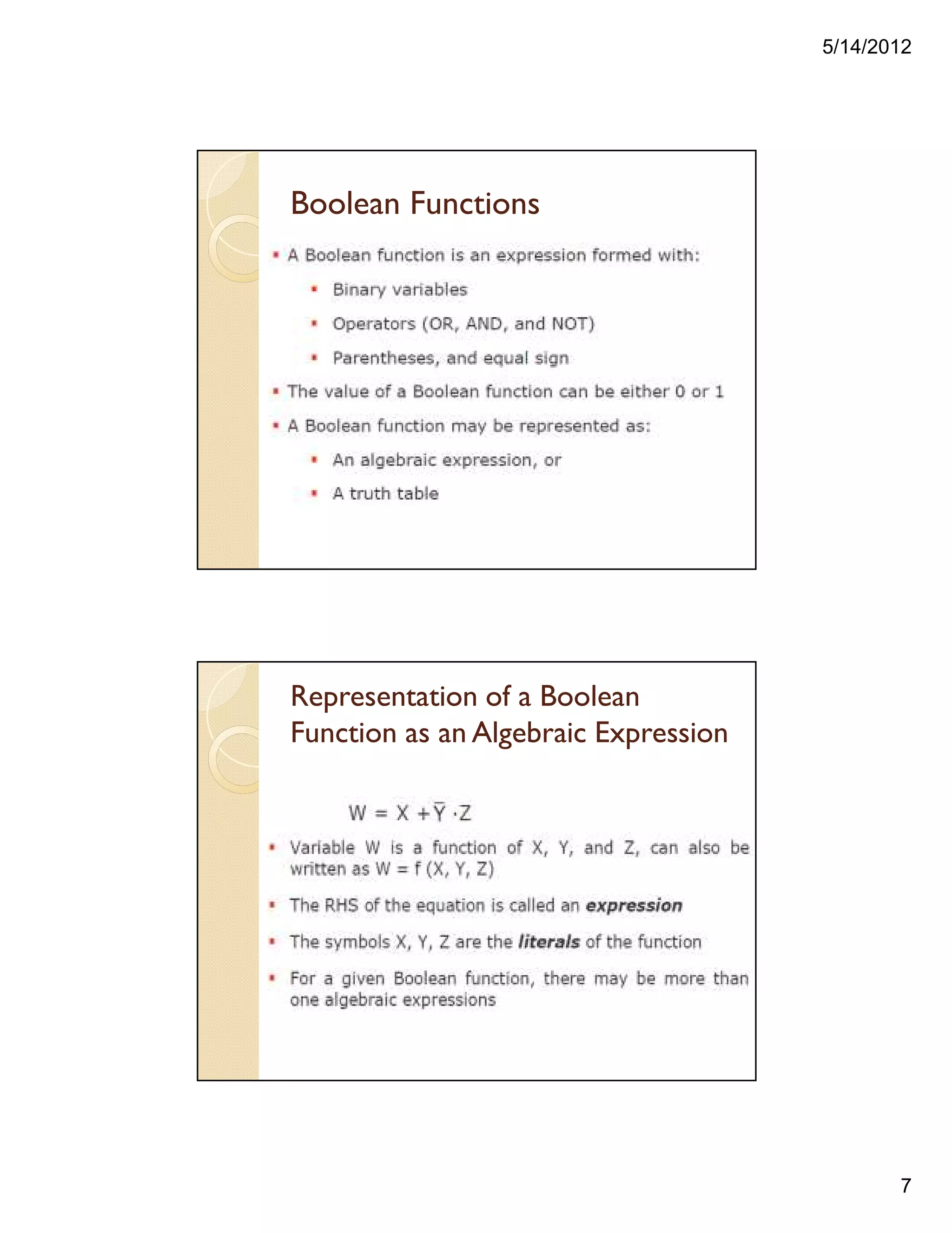 5/14/2012
7
Boolean Functions
Representation of a Boolean
Function as an Algebraic Expression