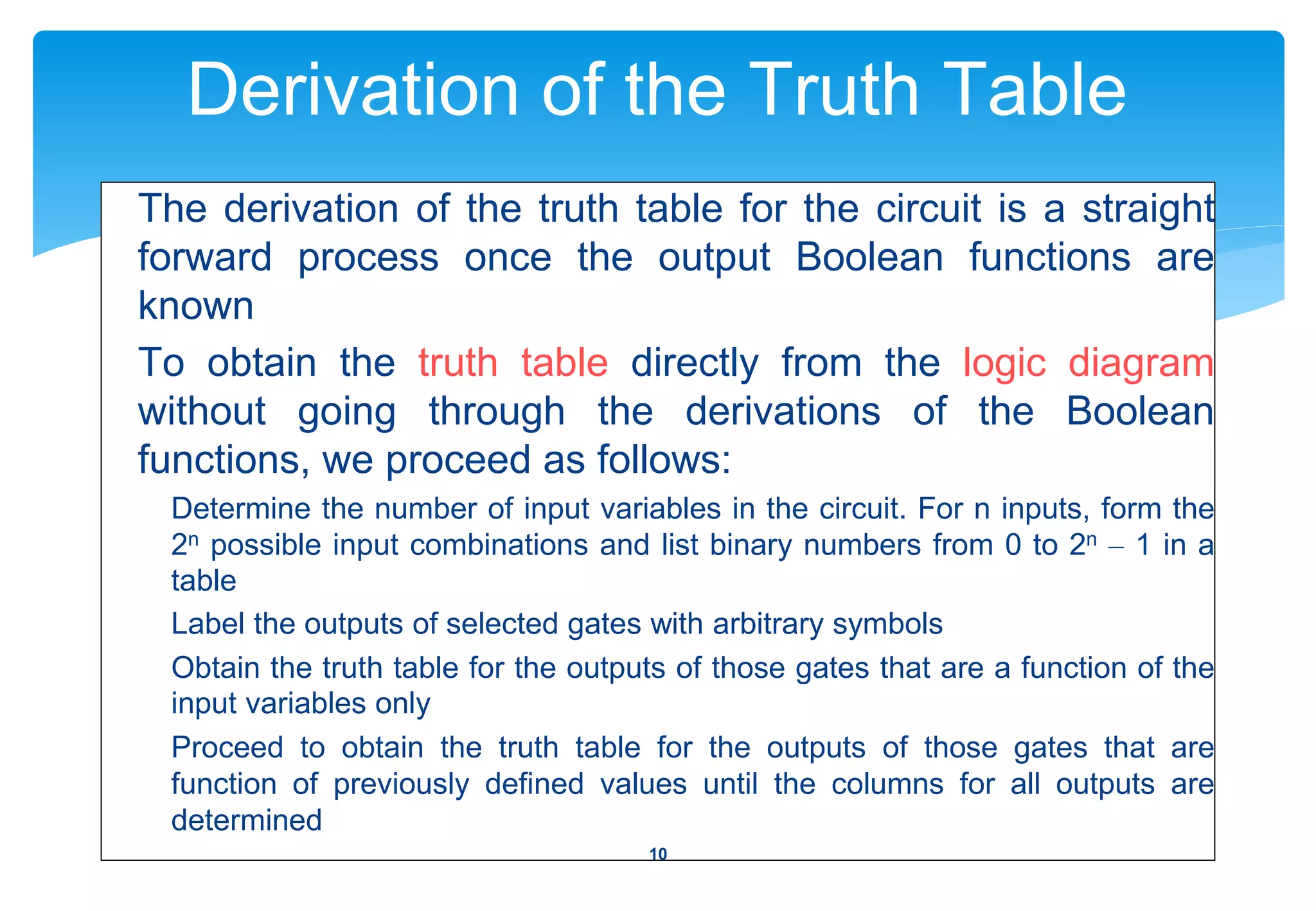 Derivation of the Truth Table
The derivation of the truth table for the circuit is a straight
forward process once the output Boolean functions are
known
To obtain the truth table directly from the logic diagram
without going through the derivations of the Boolean
functions, we proceed as follows:
Determine the number of input variables in the circuit. For n inputs, form the
2n possible input combinations and list binary numbers from 0 to 2n – 1 in a
table
Label the outputs of selected gates with arbitrary symbols
Obtain the truth table for the outputs of those gates that are a function of the
input variables only
Proceed to obtain the truth table for the outputs of those gates that are
function of previously defined values until the columns for all outputs are
determined
10
 