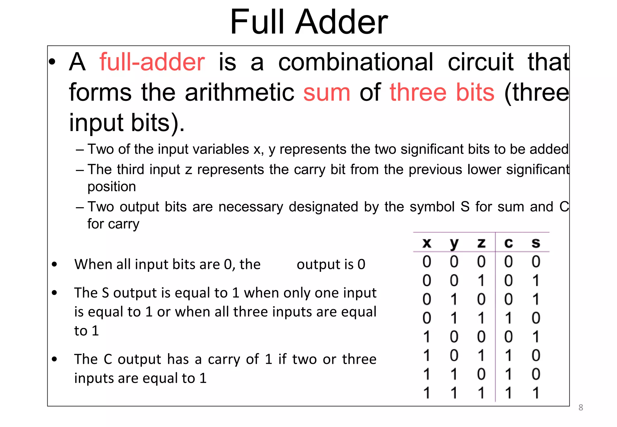 Full Adder
• A full-adder is a combinational circuit that
forms the arithmetic sum of three bits (three
input bits).
– Two of the input variables x, y represents the two significant bits to be added
– The third input z represents the carry bit from the previous lower significant
position
– Two output bits are necessary designated by the symbol S for sum and C
for carry
• When all input bits are 0, the output is 0
• The S output is equal to 1 when only one input
is equal to 1 or when all three inputs are equal
to 1
• The C output has a carry of 1 if two or three
inputs are equal to 1
8
 