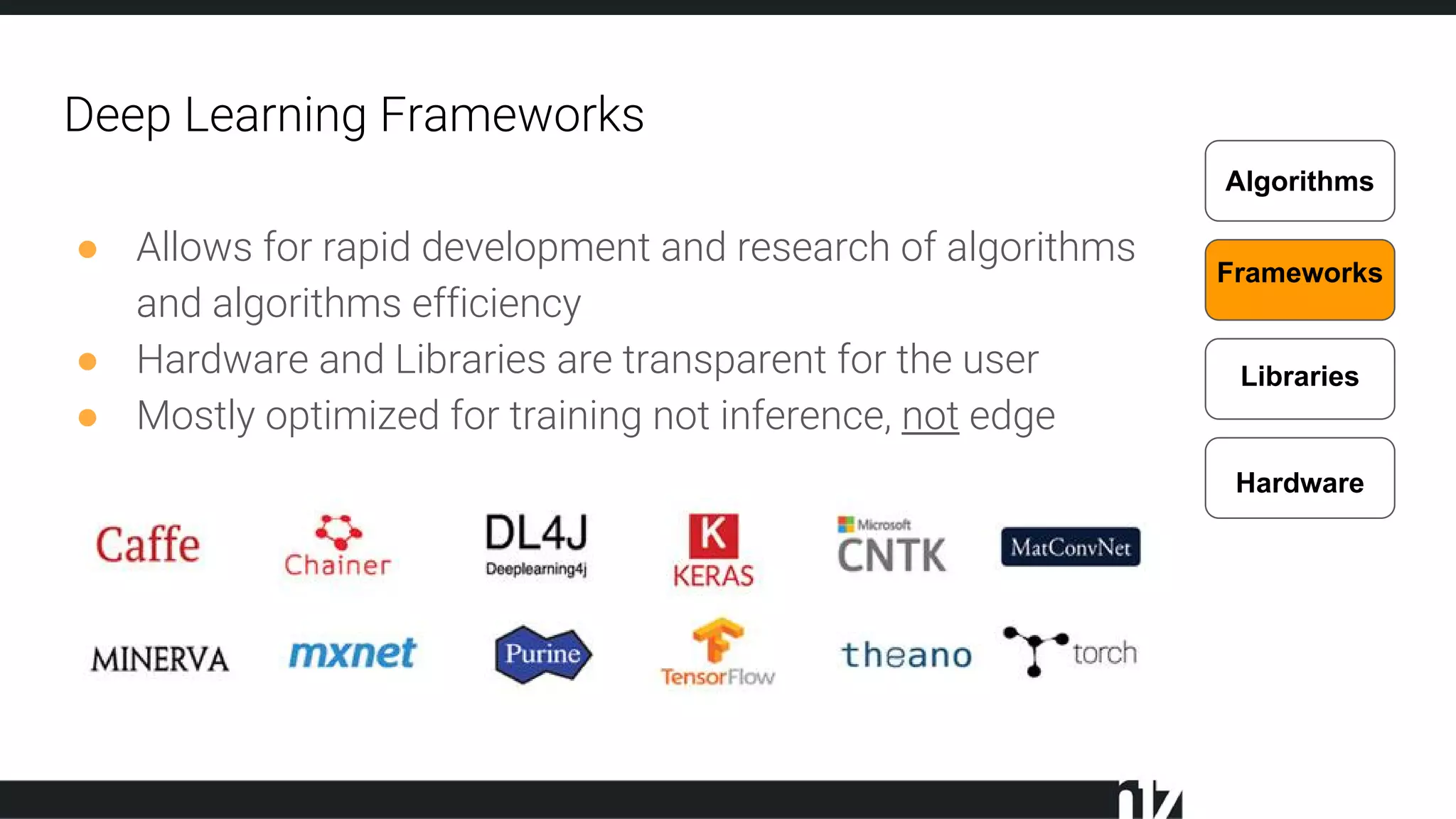 Deep Learning Frameworks
Hardware
Libraries
Frameworks
Algorithms
● Allows for rapid development and research of algorithms
and algorithms efficiency
● Hardware and Libraries are transparent for the user
● Mostly optimized for training not inference, not edge
 